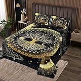 feelingyou Sonne & Mond Tagesdecke 220x240cm Gold Sonne Mond Druck Steppdecke Baum des Lebens Tagesdecke 3er Set für Mädchen Schlafzimmer Dekor Weltraum Galaxy Bettwäsche Quilt mit 2 Kissenbezügen