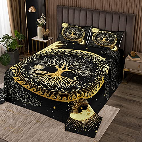 feelingyou Sonne & Mond Tagesdecke 220x240cm Gold Sonne Mond Druck Steppdecke Baum des Lebens Tagesdecke 3er Set für Mädchen Schlafzimmer Dekor Weltraum Galaxy Bettwäsche Quilt mit 2 Kissenbezügen