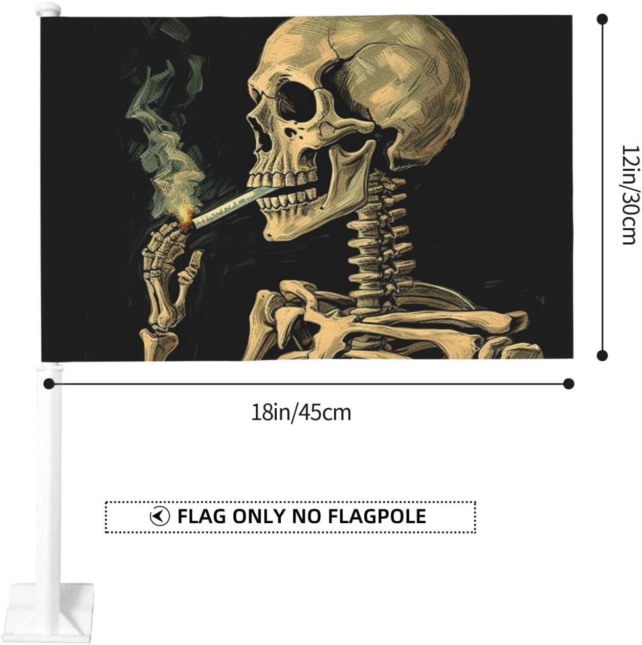 A Skeleton With Burning Cigarette Small Car Flag No Fade Double Sided Car Window Clip Flag Mini Handheld Flag Banner Personalized Car Vehicle Flag 12"X18" For Car Truck Suv image 2