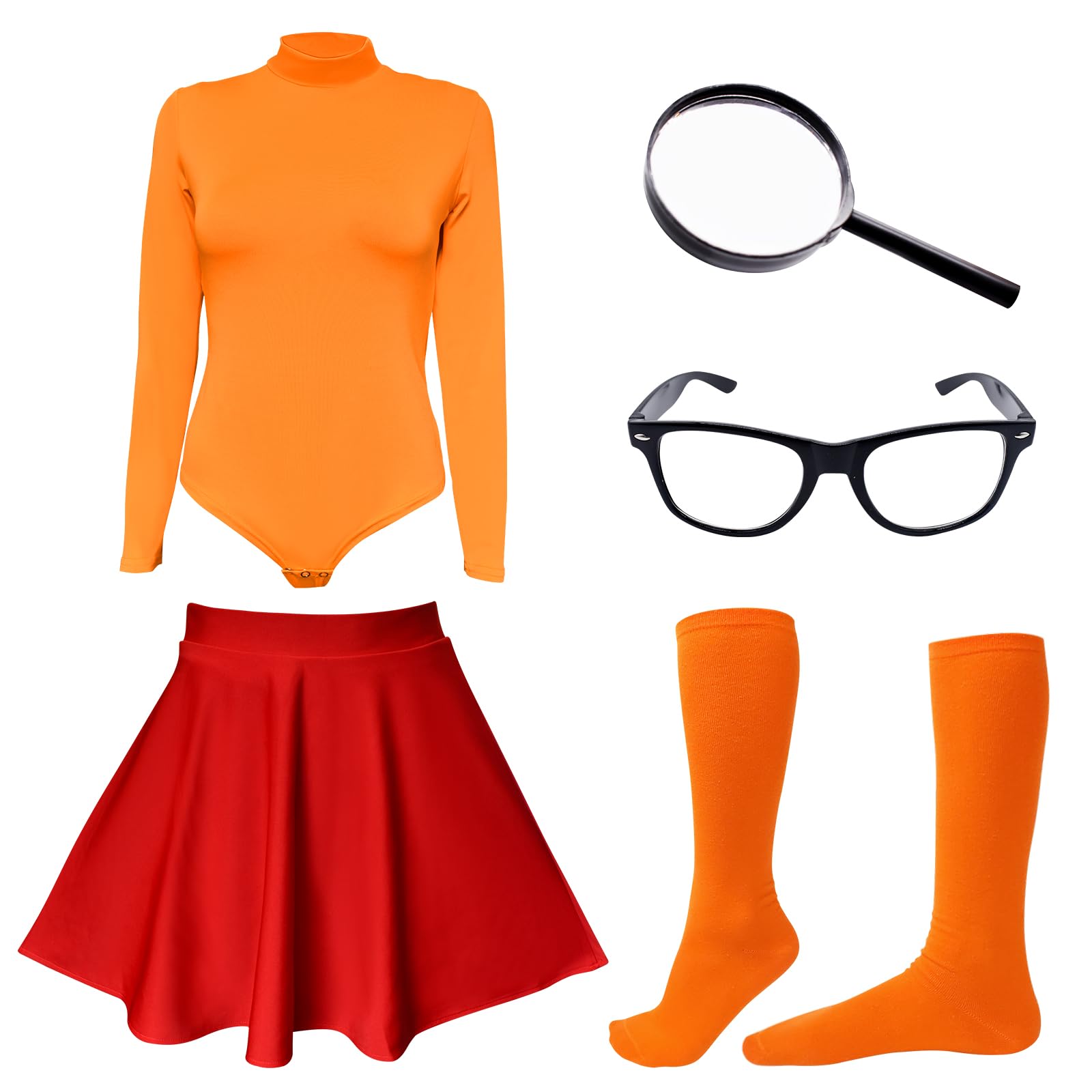 ATAMET Halloween Costume for Women,Sexy Long Sleeve Leotard Turtleneck Tops Bodysuit,Skater Skirt,Magnifying Glass,Socks: Large Orange&amp;red