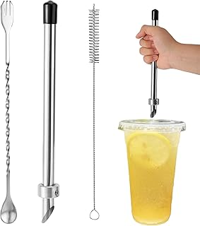 Straw Hole Puncher & Mixing Spoon, Stainless Steel Cup Plastic Lid Straw Hole Punch with Cleaning Brush Suitable for Coffee Drink Shop Lemonade Stand Supplies