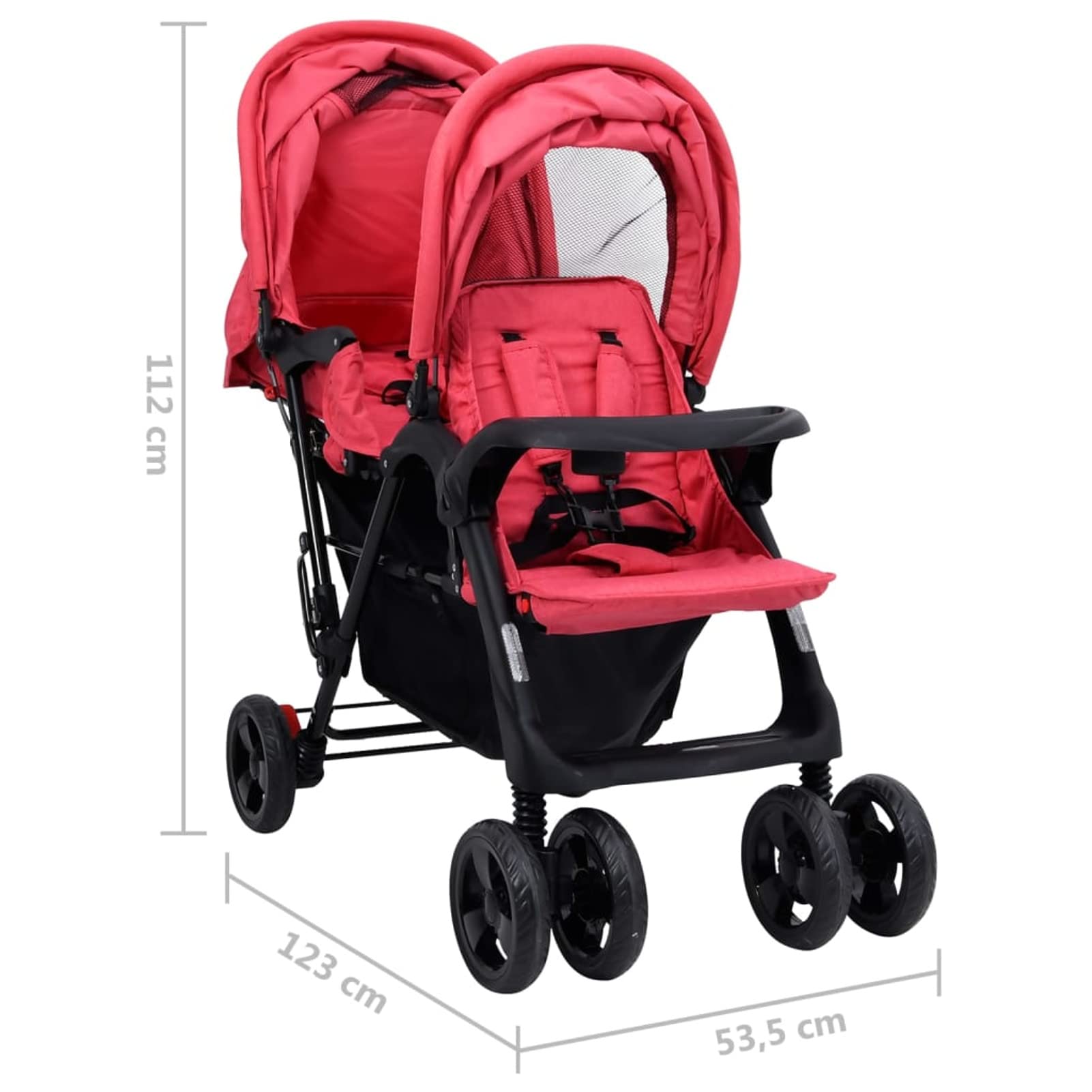 Carrito para Gemelos Tándem Cochecito de Bebé Silla de Paseo para Niños Diseño Plegable Cochecito de Gemelos Acero Rojo y Negro
