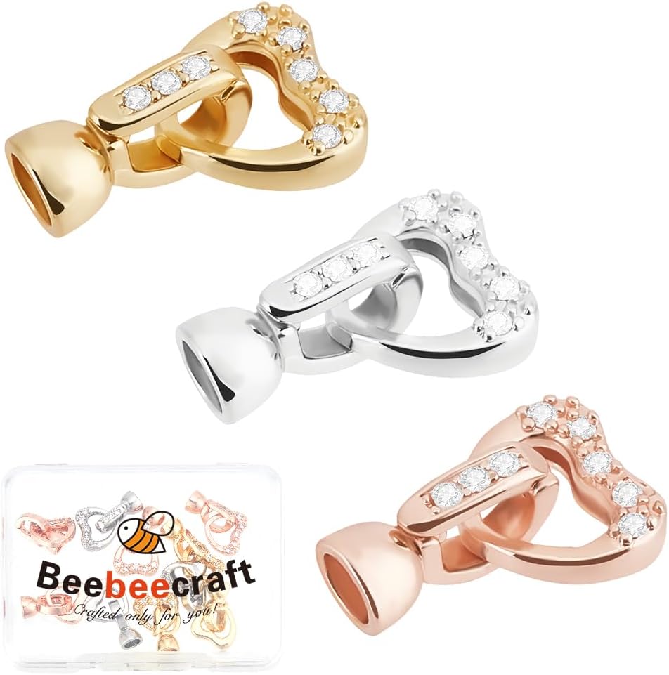 Beebeecraft 12 Sets 3 Colors Fold Over Clasp 18K Gold & Rose Gold & Platinum Plated Cubic Zirconia Love Heart End Cap with Clasp Connector for Jewelry Making