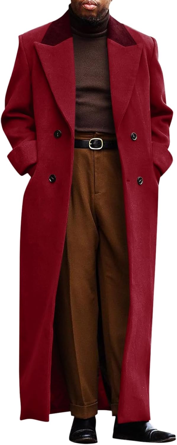 Runcati Mens Full Length Trench Coat Notched Lapel Long Jacket Double Breasted Classic Winter Overcoat