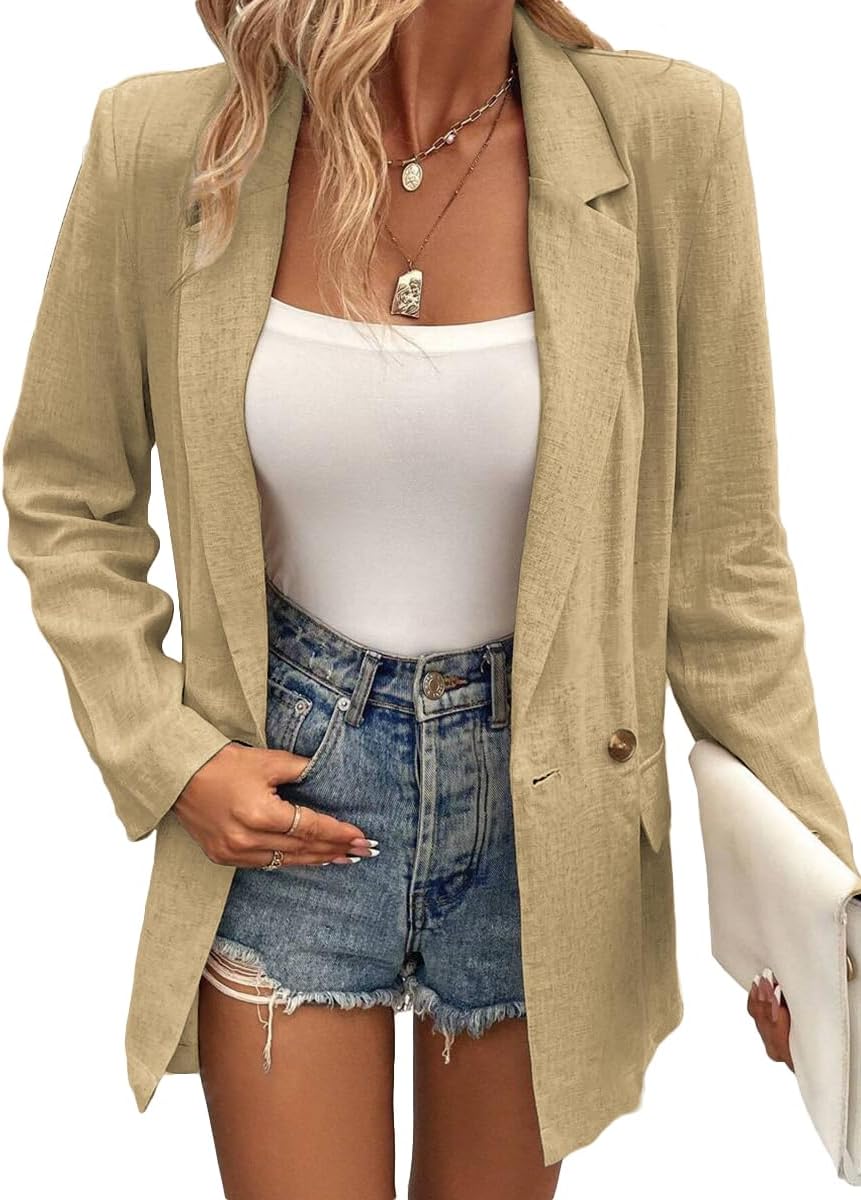 Mina Self Summer Womens Linen Blazers Jackets Lightweight 2024 Spring Long Sleeves Business Casual Dressy Office Light Clothes Blazers Suit Jacket for Women, Daily/Work, Khaki Large Size - Image 5