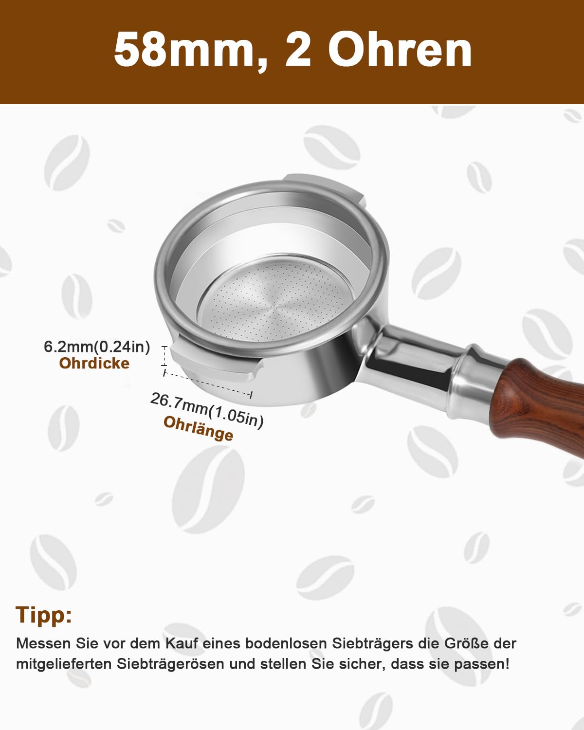 KOFIKOFI Portafiltro sin fondo de 58 mm, 2 orejas para E61, Flair 58, ECM, Rocket, cafetera expreso VBM con cesta de filtro de acero inoxidable, colador, madera natural