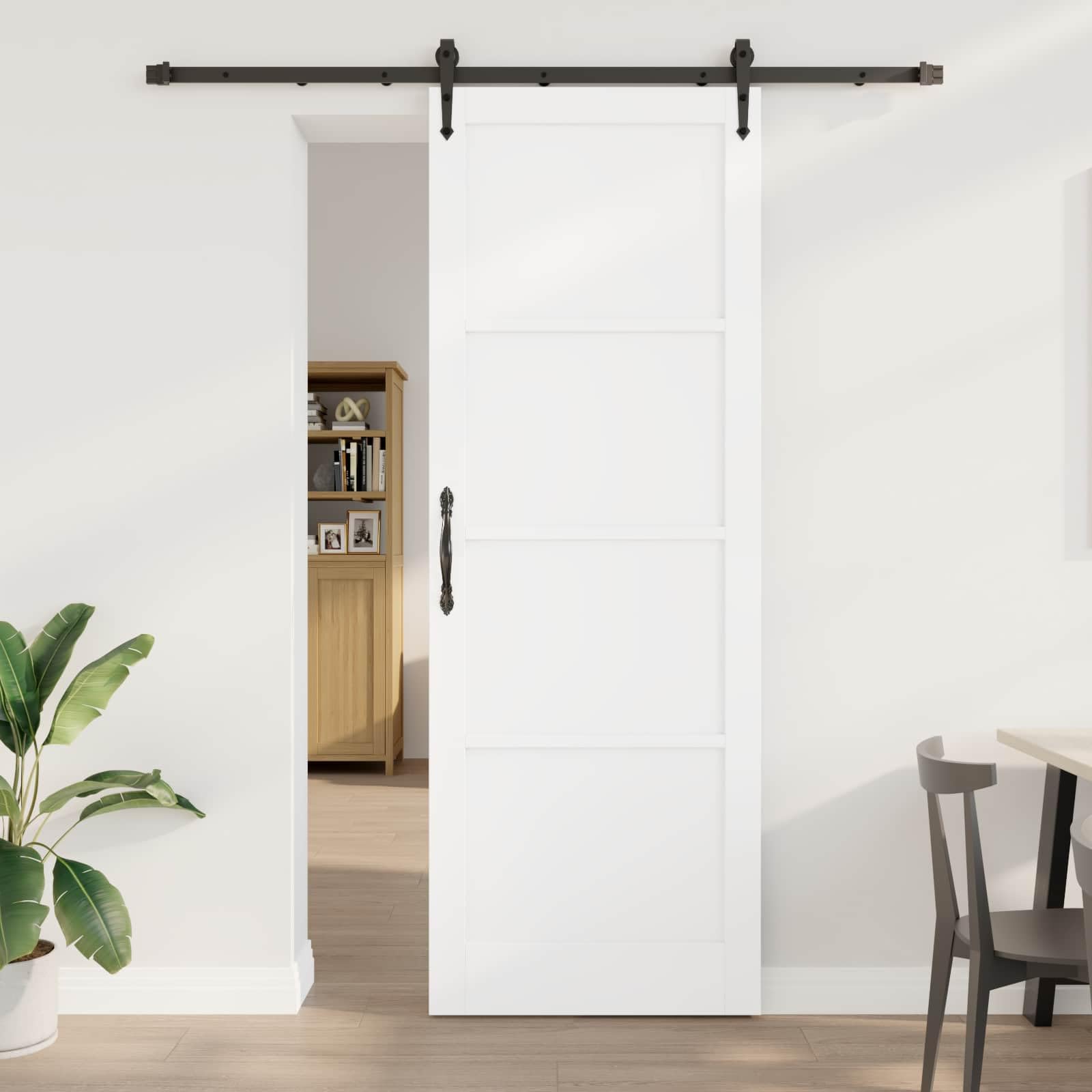 Schiebetür ORKDAL Weiß und Schwarz aus massivem Kiefernholz 83 x 232 cm mit pulverbeschichteter Stahlschiene, leises Gleiten, platzsparendes Design, ideal für Innenräume
