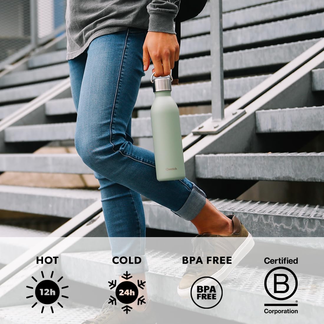 Qwetch - Active Insulated Bottle Navy Blue 1L - Stainless Steel Recycled Handle Flask - 24h Cold & 12h Hot - Leakproof & Compact - Image 4