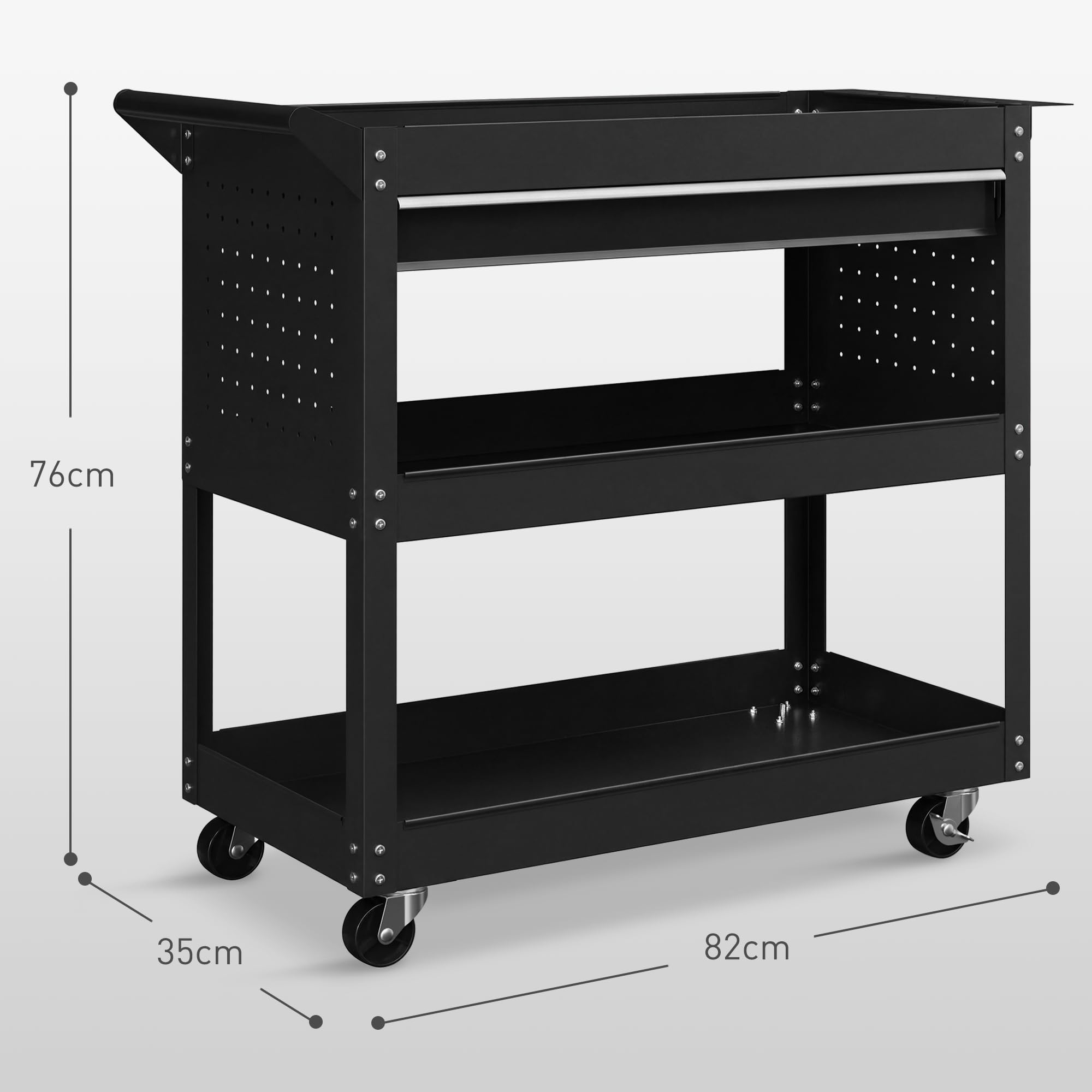 DURHAND - Carro de taller para taller de 3 niveles con cajón, portaherramientas lateral y asa, sirve taller para garaje, almacén, herramientas de bricolaje, 82 x 35 x 76 cm, color negro