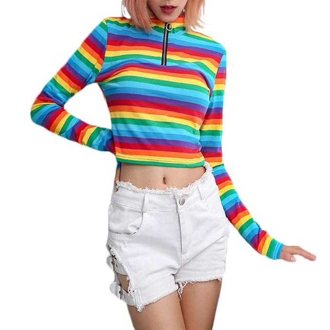 Buy XiuG Autumn Winter 2018 Harajuku T Shirt Long Sleeve Patchwork Crop Top  Tshirt Women Korean Style Rainbow Striped T-Shirt Tops (Color : Multicolor,  Size : L) at Amazon.in