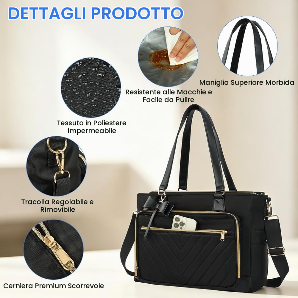 Aolso Lunch Tote Bag da donna 2 in 1, 15,6 Pollici Borsa per il Pranzo Isolata, Borsa per Computer Portatile con Scomparto per il Pranzo, Borsas Termica per Lavoro, Ufficio e Università, Nero