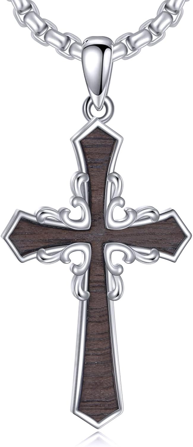 Wooden Cross Necklace Sterling Silver Wood Cross Pendant Religious Jewelry Gift for Women Men