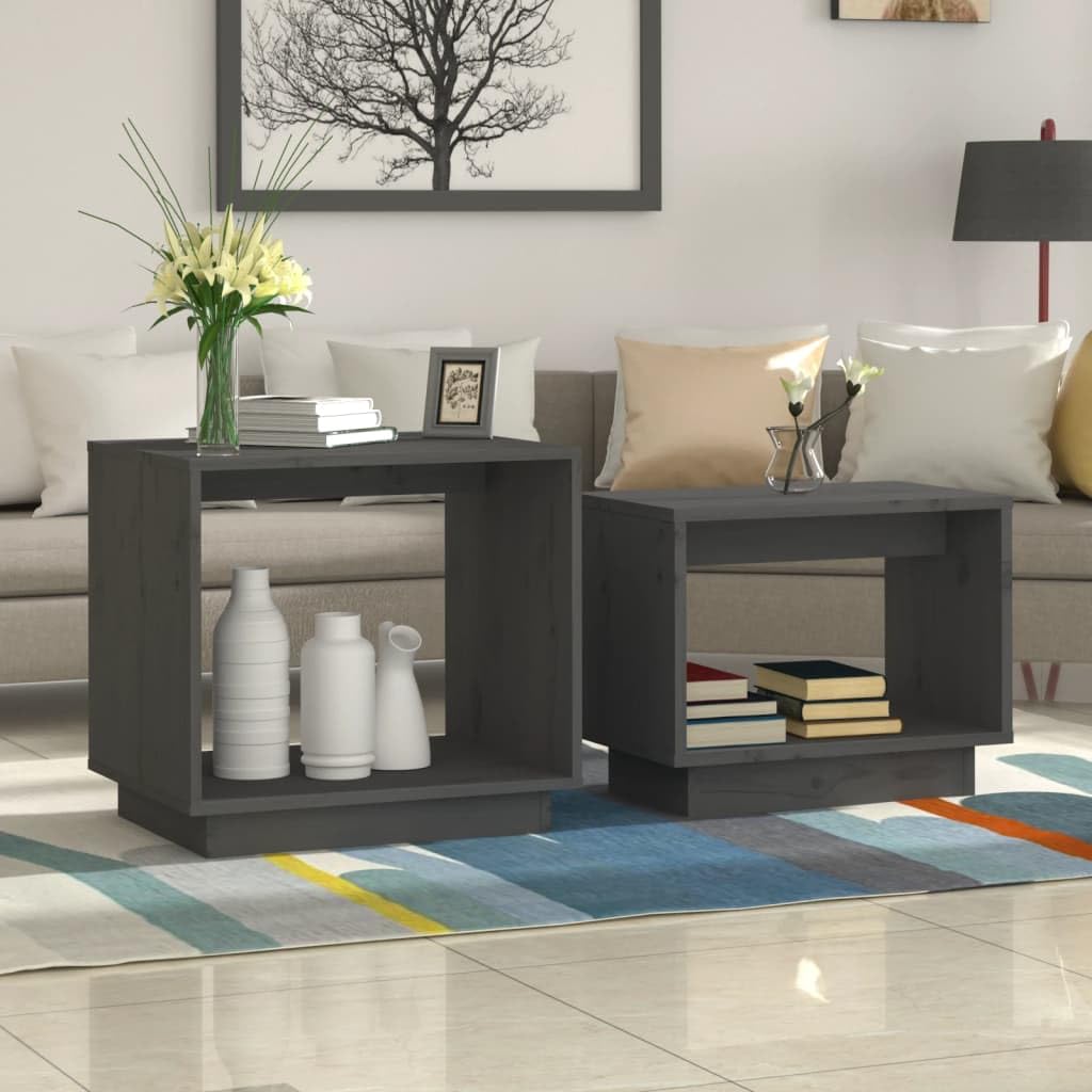 Set di 2 tavolini in pino massiccio, 50 x 40 x 47 cm e 40 x 25 x 32 cm, grigio, salvaspazio, moderno accessorio per la casa, per soggiorno, camera da letto, balcone