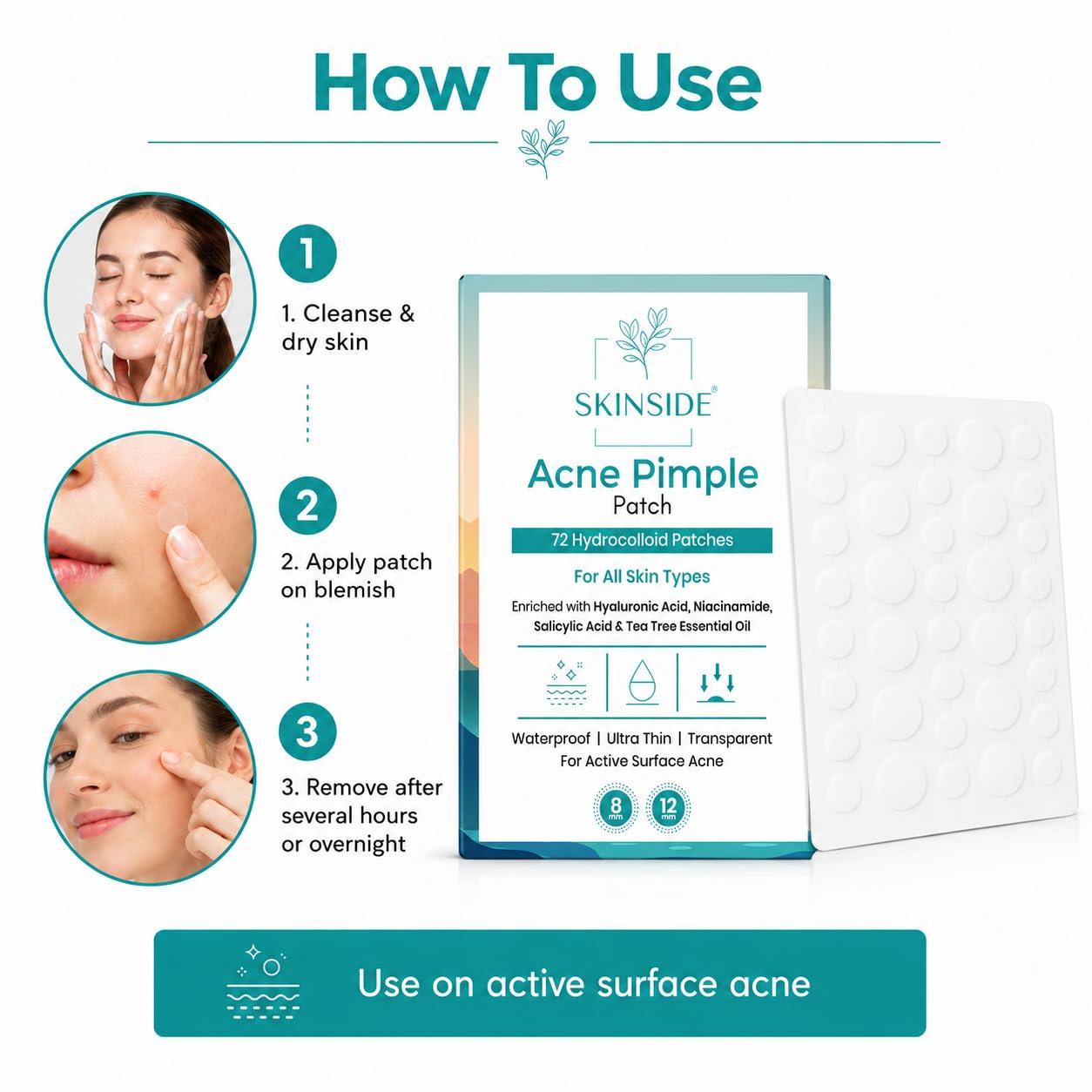 Skinside Acne Pimple Patches with 1.5% Salicylic Acid for Face Pimples | Hydrocolloid Facial Patches for Pimple Healing | Invisible Waterproof Absorbs Excess Oil & Pimple Overnight (72 Patches) 3