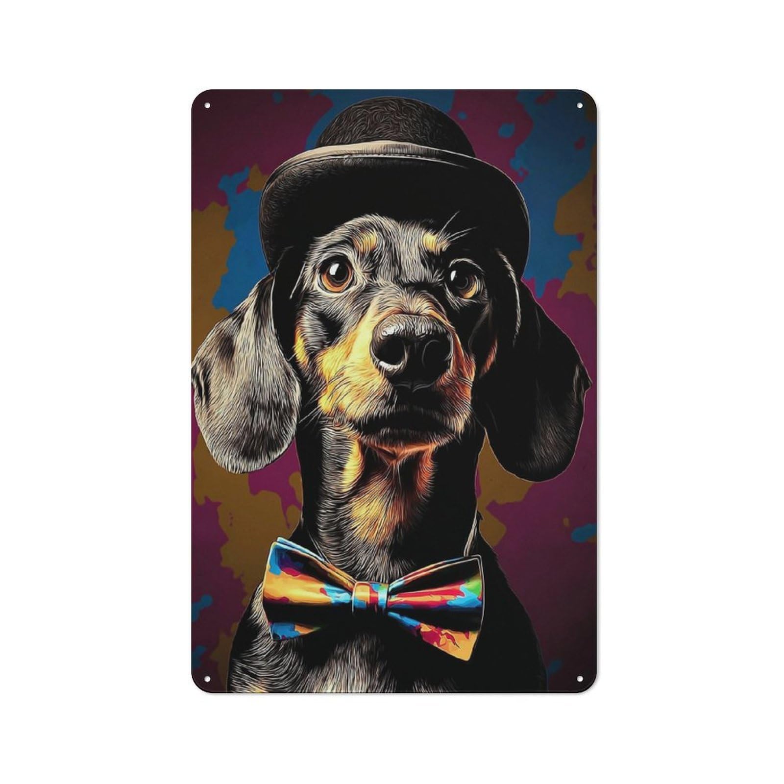 Junmoney Stylish Dachshund In Top Hat And Bow Tie -2 Metal Sign 30X20cm, Vintage Bar Wall Plaque For Diner, Restaurant, Shed Or Kitchen