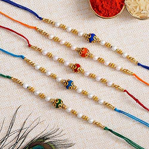 Image of eCraftIndia Red, Blue & Golden Designer Peacock Rakhi with Roli Chawal Pack - Rakhi for Brother