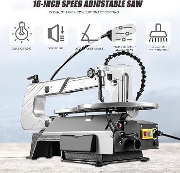 16-Inch Variable Speed Scroll Saw with LED Light, Adjustable Angle 0-45°, Low-Noise, Large Tilting Table, Precision Cutting Height 5.7cm, 150W for Woodworking
