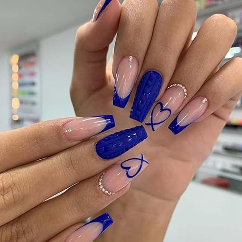 Long Coffin False Nails Blue French Press on Nails Cute