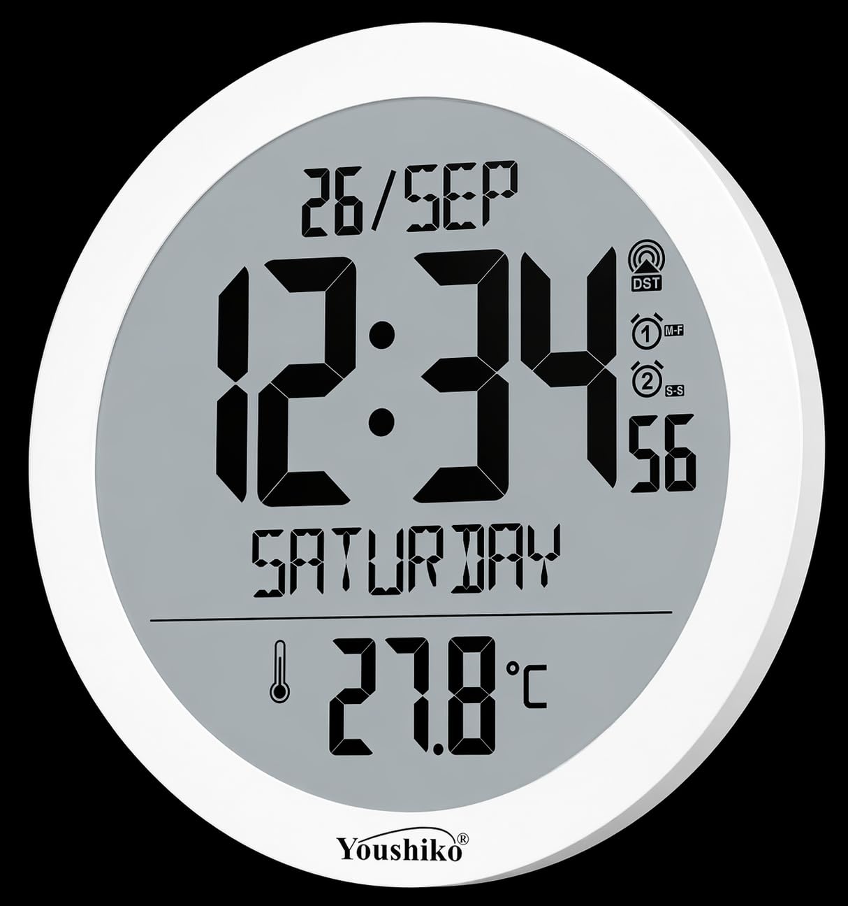 Youshiko Large 20cm Radio Controlled Wall Clock (UK & Ireland Version/Premium Quality/Clear Display), Large Round, Temperature display