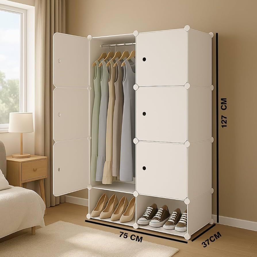 Image of Plastic Wardrobe for Clothes Storage, 6-Door Portable Collapsible Almirah & Cupboard for Bedroom, Baby Wardrobe Cabinet Organizer for Clothes & Toys (White, 6 Door)
