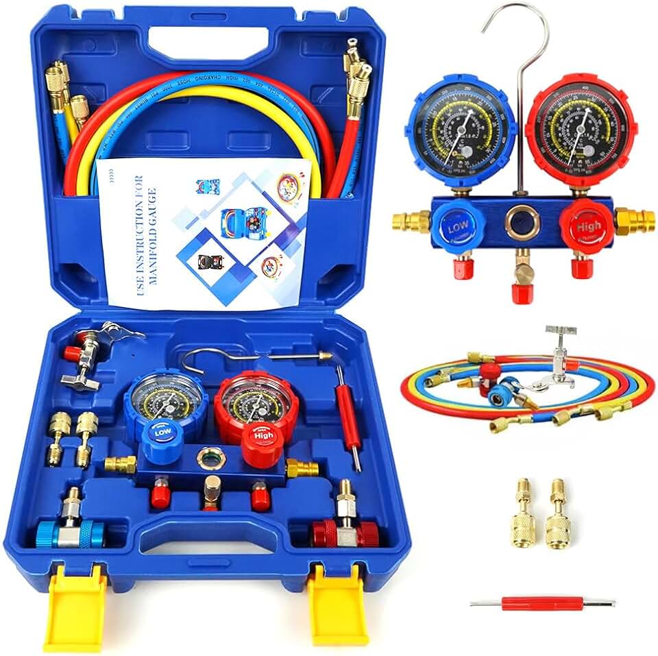 FINYQBET Conjunto de Manômetro de Refrigeração - Compatível com R22, R134A, R404A, R410A, Manifold digital com vacuometro, Inclui Mangueiras por Cores, Engates Rápidos e Estojo de Transporte