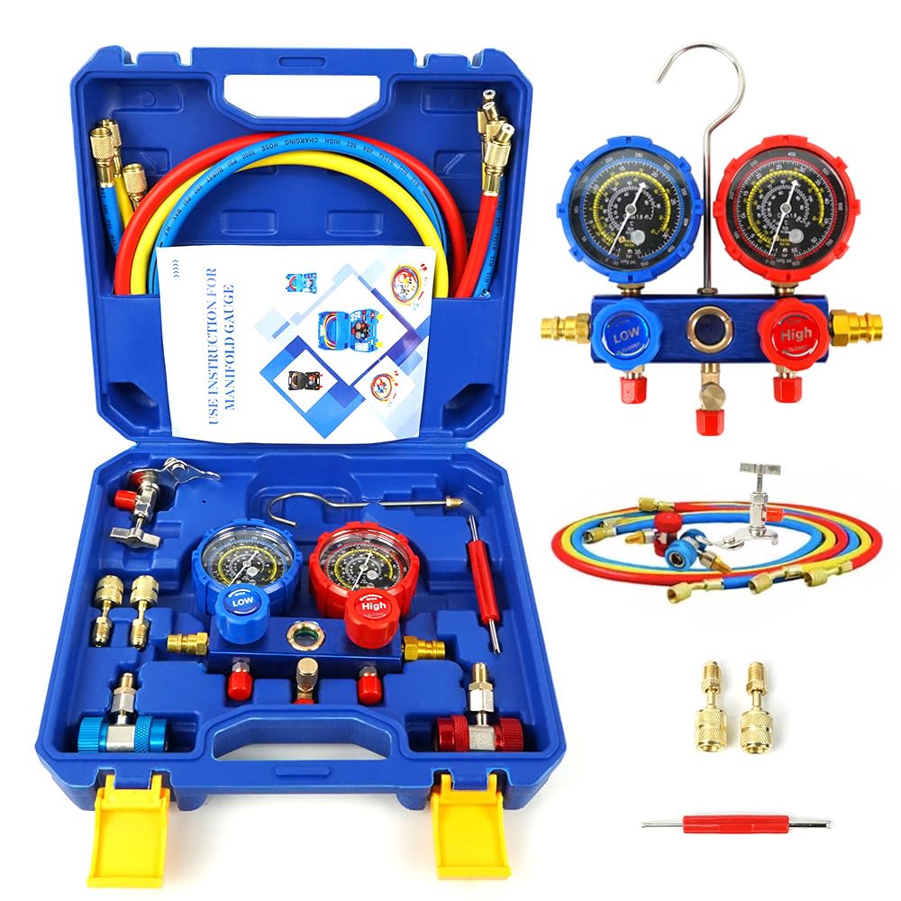 FINYQBET Conjunto de Manômetro de Refrigeração - Compatível com R22, R134A, R404A, R410A, Manifold digital com vacuometro, Inclui Mangueiras por Cores, Engates Rápidos e Estojo de Transporte