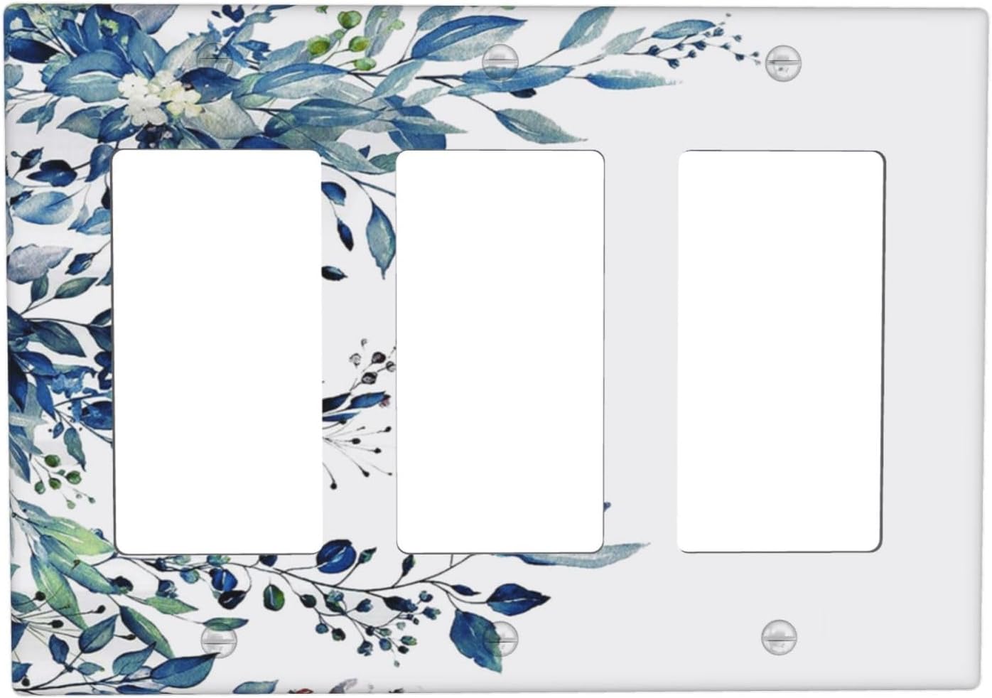 Blue Eucalyptus Watercolor Plant Leaves Floral Triple Rocker Outlet Covers Faceplate Decorative 3 Gang Light Switch Cover Gfci Electrical Switchplate Receptacle Wall Plate for Country Bathroom Decora