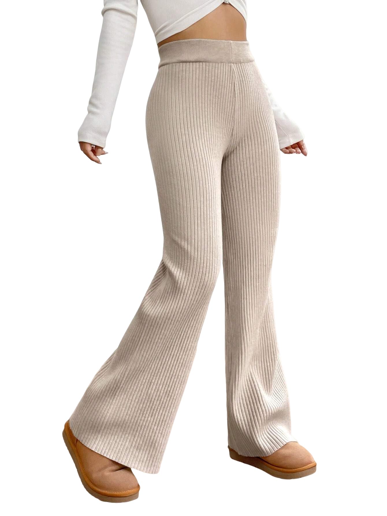 ZAFUL Womens Wide Leg Pants Ribbed Casual Flare Leg Knit Pants Elastic High Waist Home Flare Leggings Trousers