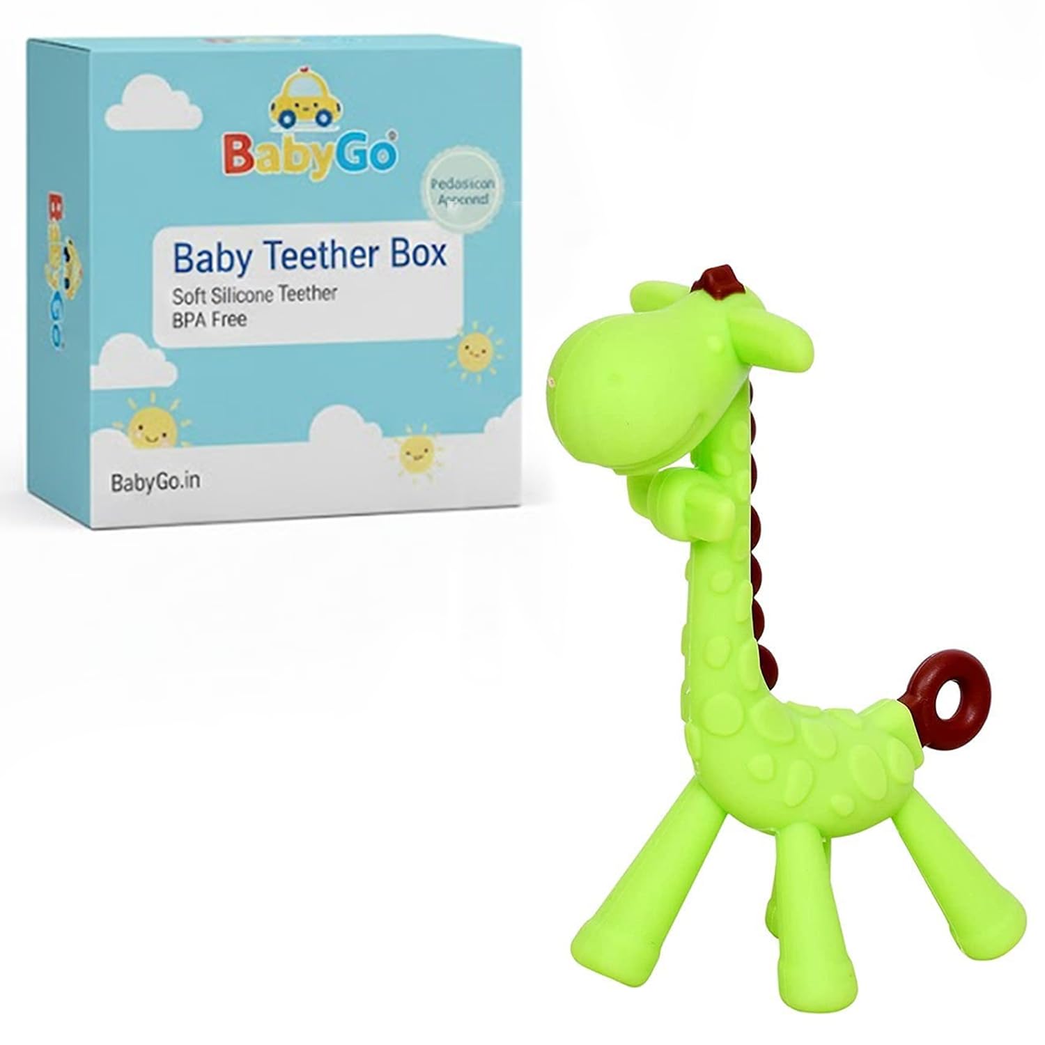 BabyGo Silicone Giraffe Shaped Teether Toy | Soft Chewing Soother with Easy Hand Grip, Infant Oral Comfort Gum Massager, Colorful Teething Relief Toy for Babies & Toddlers (Green)