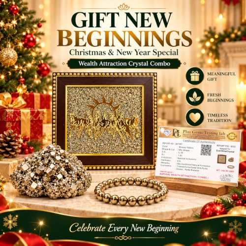 Image of EverMineCrystal Wealth Attraction Pyrite Combo - 7 Horses on Raw Pyrite Frame + Pyrite Stone Original Cluster + Raw Pyrite Bracelet | Vastu items & Prosperity Gift Set for Home & Office | Lab Certified