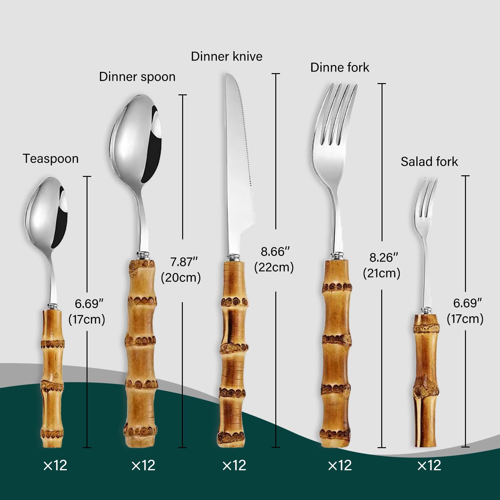 Juego de cubiertos de acero inoxidable de 60 piezas, juego de cubiertos para utensilios de cocina para el hogar para 12, juegos de cubiertos con mango de bambú, aptos para lavavajillas (60 piezas)