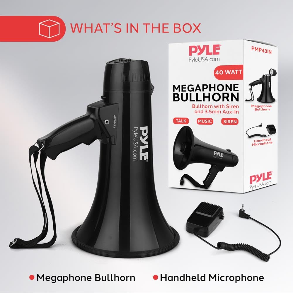 Pyle Altoparlante megafono ricaricabile da 50 W, a forma di corno forte con sirena, volume regolabile, portatile, Mega telefono per allenatori, insegnanti, eventi, sport e uso all'aperto