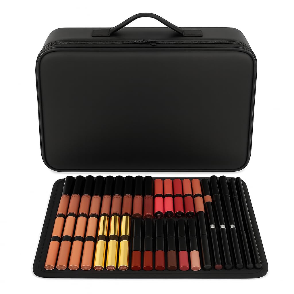 Coslifestore Professional Makeup Organizer Bag with Adjustable Dividers & Brush Holders – Travel Cosmetic Vanity Case with Lip Tray – Available in Size L & XL (Large)-image-46