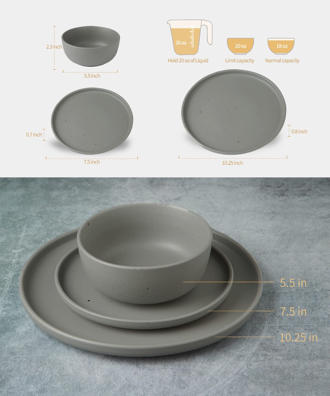 Famiware 12 Piece Plates and Bowls Set, Speckled Dinnerware Sets for 4, Matte Dish Set, Microwave and Dishwasher Safe, Dark Grey