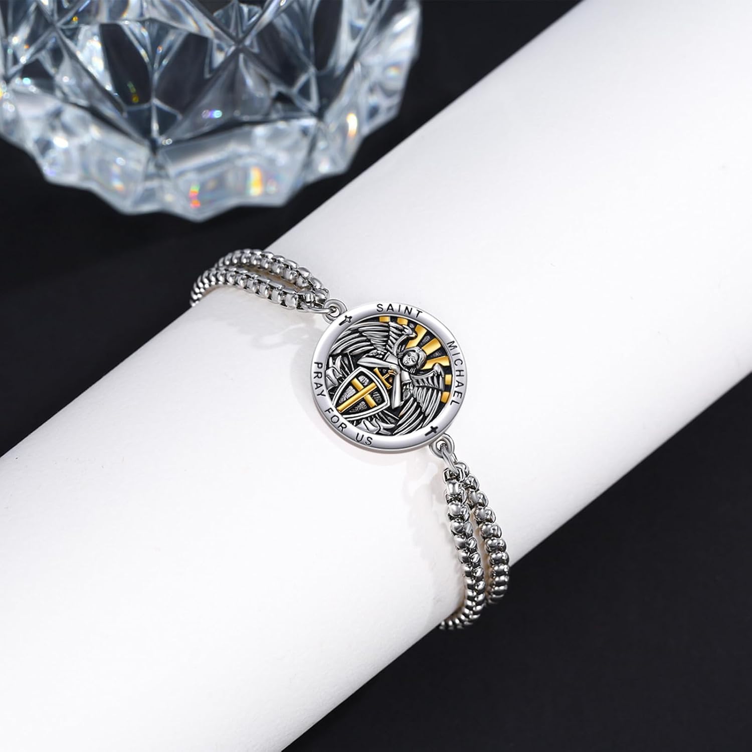 St. Michael Bracelet 925 Sterling Silver, Oxidized Gold Plated Religious Protection Jewelry, Archangel Catholic Christian Gift for Men & Women - Image 2