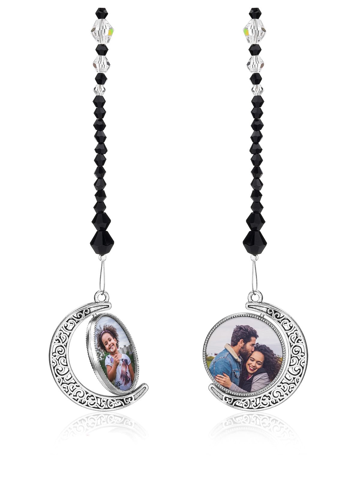 Personalised Photo Car Hanging Double Side Picture Frame Holder Car Accessories Full Color Custom Rotating Crescent Moon Pendant Ornament for Rear View Mirror Car Hanging Charm