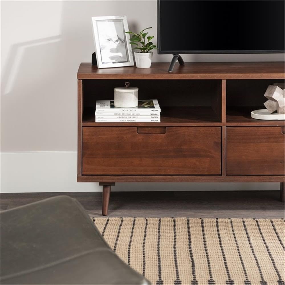Walker Edison Millie Mid Century Modern 3 Drawer Solid Wood Low Stand for TVs up to 80 Inches, 70 Inch, Walnut