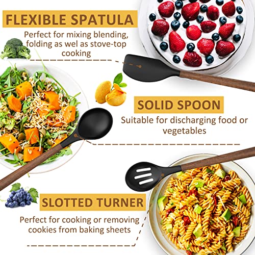 Silicone Cooking Utensil Set, Umite Chef 8-Piece Kitchen Utensils Set With Natural Acacia Wooden Handles,Food-Grade Silicone Heads-Silicone Kitchen Gadgets Spatulas Set For Nonstick Cookware- Black #TOP3
