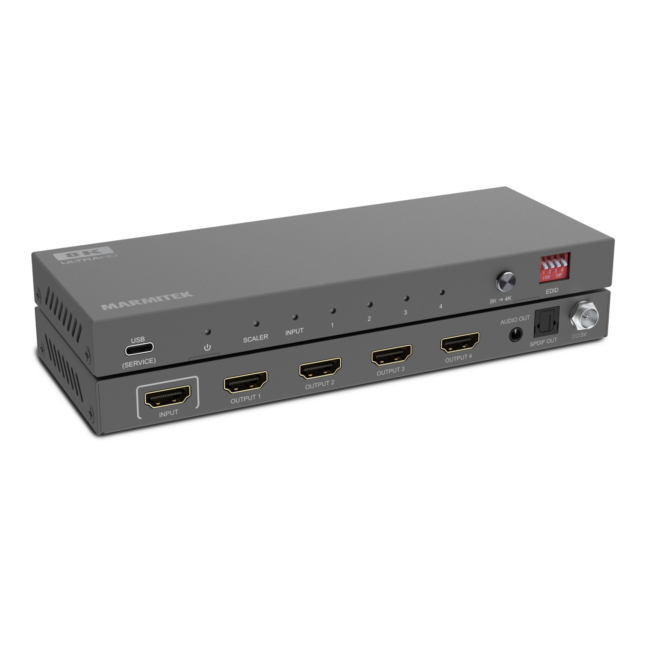 Marmitek Split 814 Pro - Splitter HDMI 8K60 4K120 1 Entrada 4 Salidas HDR | Distribuidor HDMI 2.1 con extractor audio, EDID, downscaler, HDR10+, Dolby Vision, 48 Gbps, HDCP 2.3, DTS-HD y metal