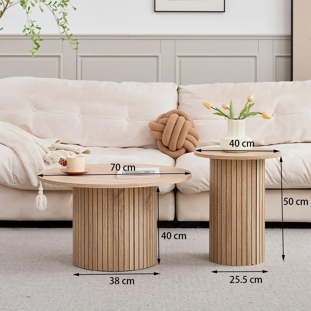 Juego de 2 Mesas de Centro Redondas de Madera, Mesa Auxiliar Moderna con Base de Columna Romana para Sala de Estar, Balcón y Dormitorio （Veta de Madera Natural）