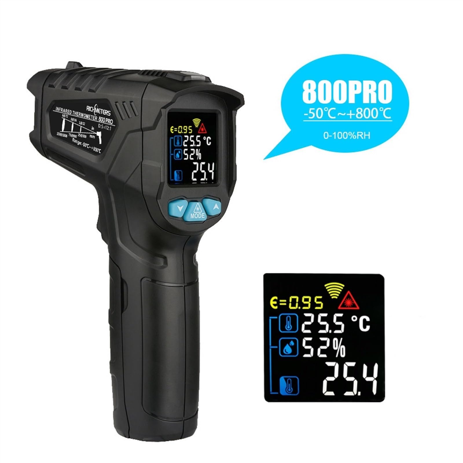 Bezdotykowy termometr na podczerwień cyfrowy pirometr przemysłowy-50 ~ 800C akwarium IR pistolet temperatury (RM800Pro)