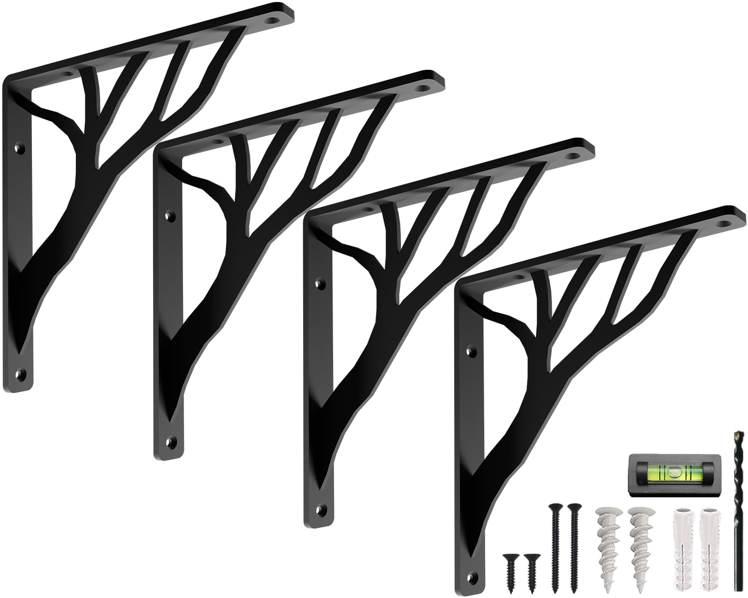 Rustic Tree Black Heavy Duty Shelf Brackets 10 inch by Balin Designs, Decorative L Brackets, Iron Metal Floating Shelf Bracket, Wall Mount Shelving Bracket, Included Hardware, Set of 4