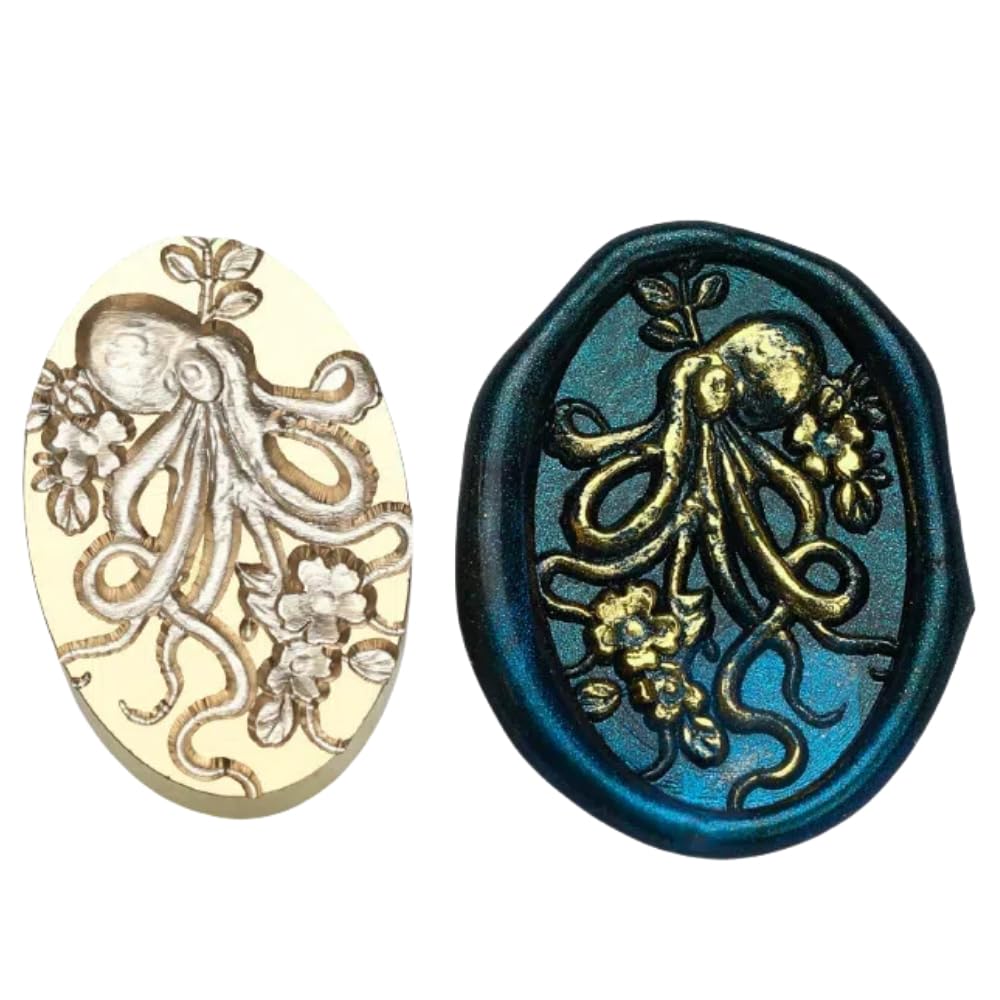 Mceal Wax Seal Stamp,Brass Seal,Wedding Invitation, Cards Envelopes, Gift Wrap Initial, Christmas,Marine Life Series Octopus in a Sea of Flowers