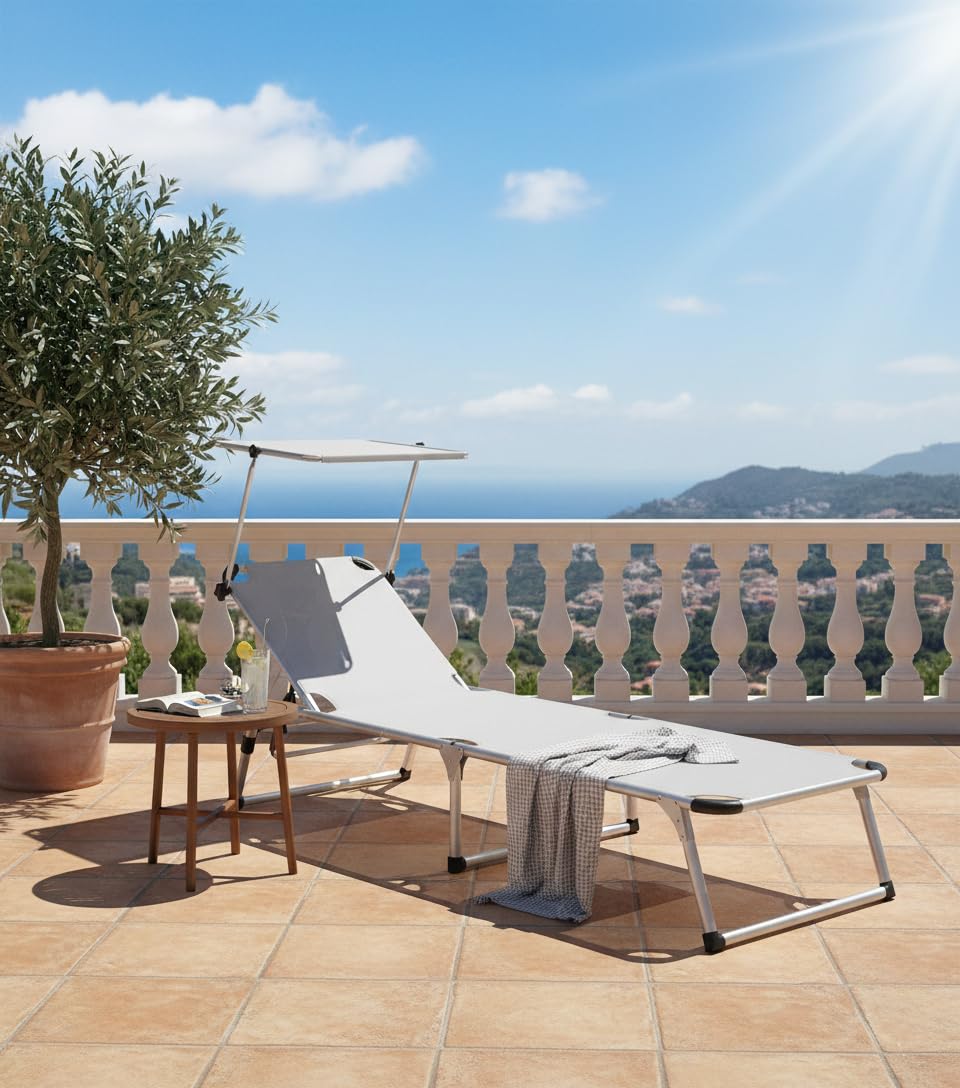 Sdraio pieghevole in ALLUMINIO relax da giardino, mare e piscina,con tettuccio parasole, facilmente trasportabile grazie a 2 maniglie, colore ECRU', 194Dx58Wx31H cm (Grigio)