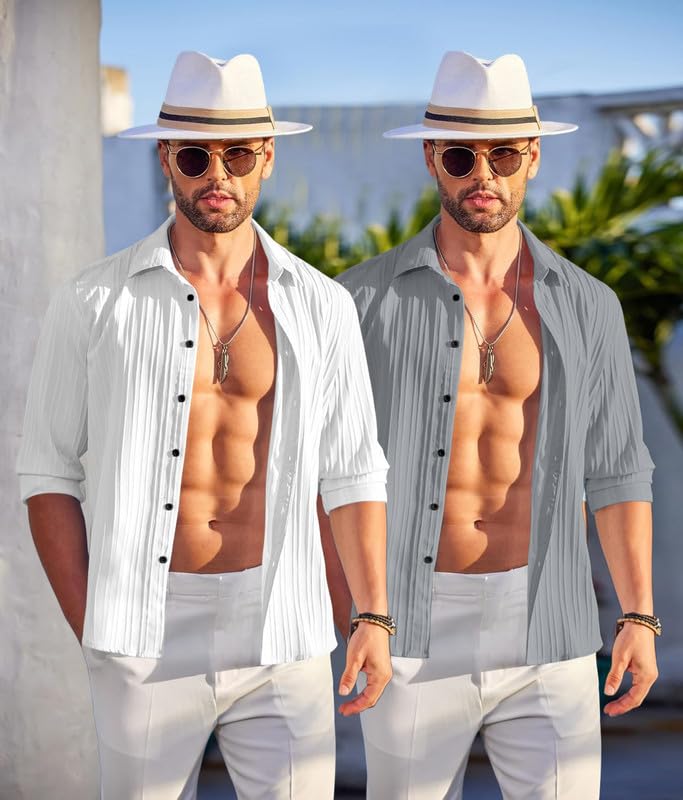Image of FINIVO FASHION Men's Cotton Blend Shirt Set Lightweight, Full Sleeves, Plain Texture, Button Closure, Summer Ready (Pack of 2)
