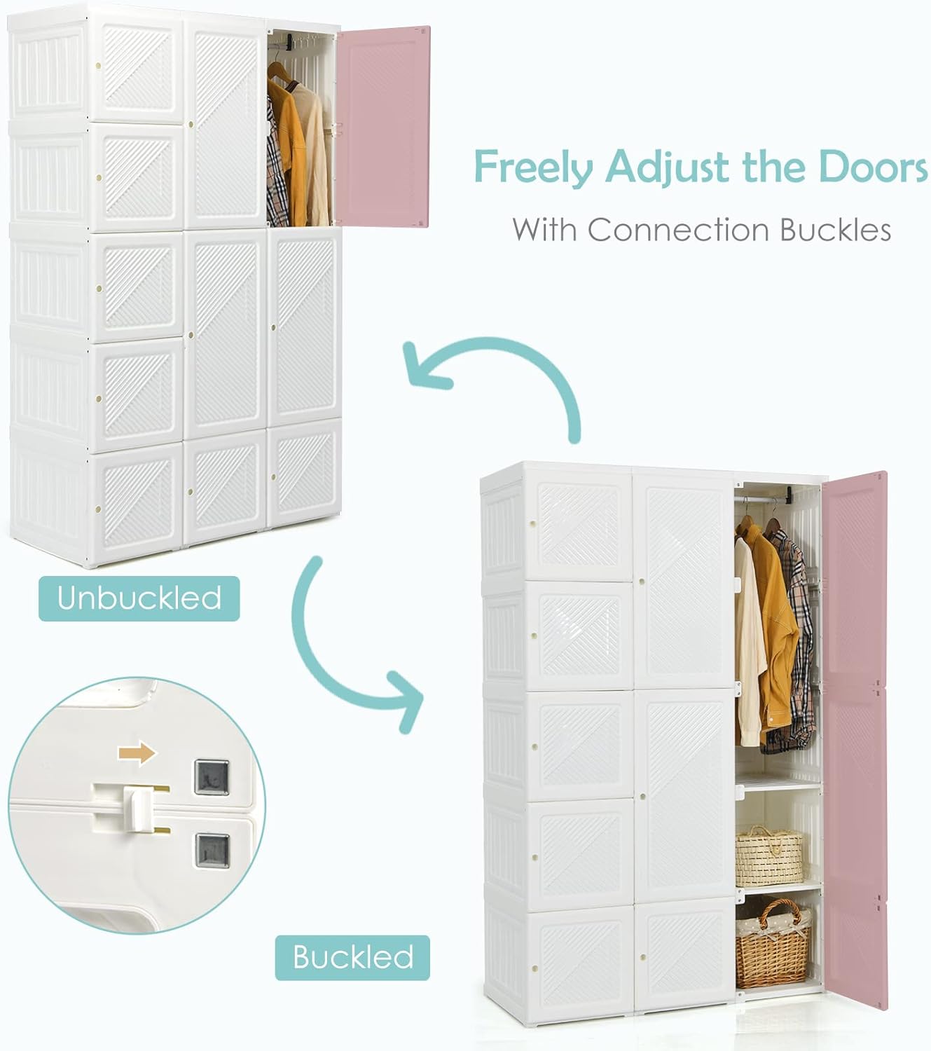Tangkula Portable Closet Wardrobe, Foldable Clothes Organizer with Cubby Storage, Hanging Rods, Easy Assemble Clothing Storage with Magnet Doors, Folding Bedroom Armoire (10 Cubbies & 2 Rods)