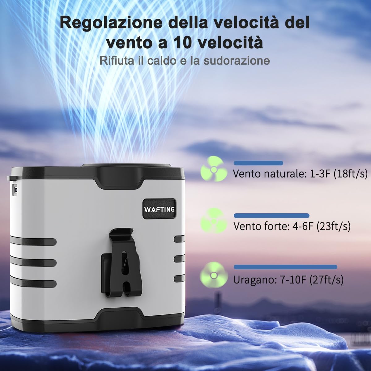 WAFTING Ventilatore a vita portatile – batteria ad alta capacità da 10000 mAh, 10 impostazioni di velocità regolabili, luci LED, ricarica di tipo C (Grigio)