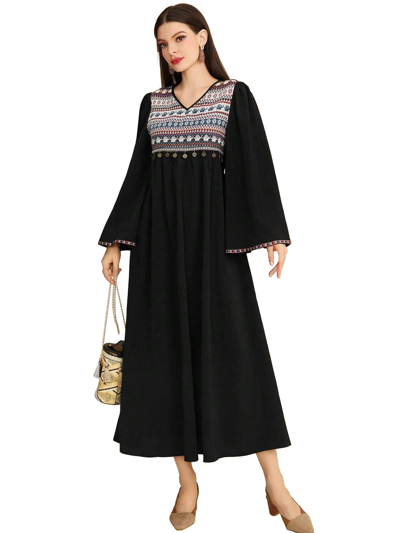 Tadkee Women's Geometric Pattern V-Neck Bell Sleeve One Piece Dress (Fn-V-Flared-One-Piece-126-Black-Xl)