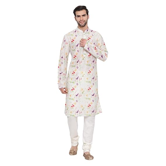 Men's Cotton Blend Kurta Pyjama Set | Perfect Spring Edit Floral Design Digitally Printed Kurta With Bling Buttons And Singara Border Along With Relaxed Pyjama.