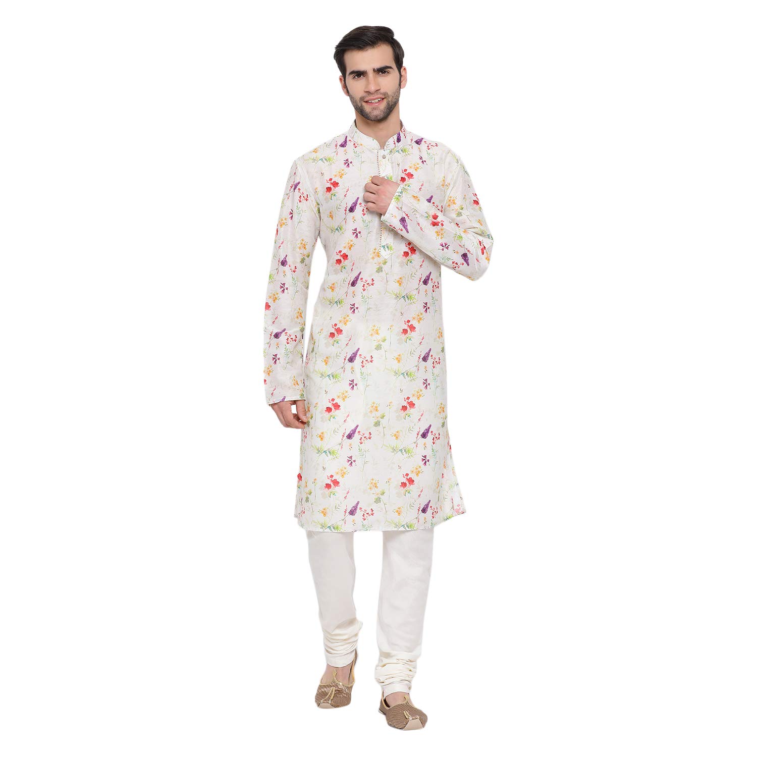 Men's Cotton Blend Kurta Pyjama Set | Perfect Spring Edit Floral Design Digitally Printed Kurta With Bling Buttons And Singara Border Along With Relaxed Pyjama.